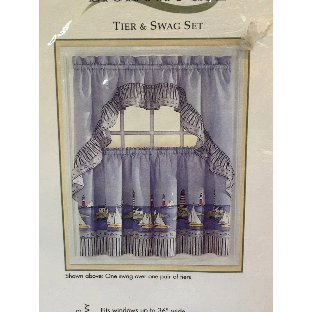NEW AchimLighthouse Navy Blue Tier Swag Set Nautical  Curtains 36in Tier